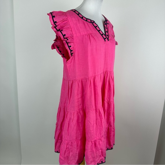 Navy Bleu Eloise Pink Embroidered Linen Flutter Sleeve Dress Size Large - Picture 5 of 14